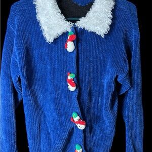 Blue Snowman Women's Cardigan with White Collar